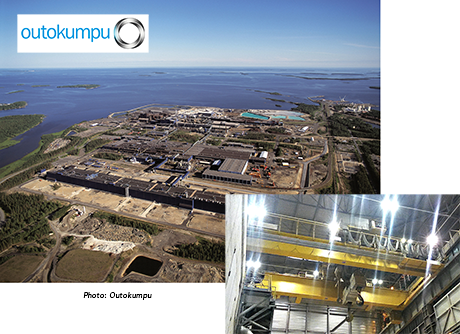 Collage med flygbild över Outukumpus fabriksområde samt bild på en kran