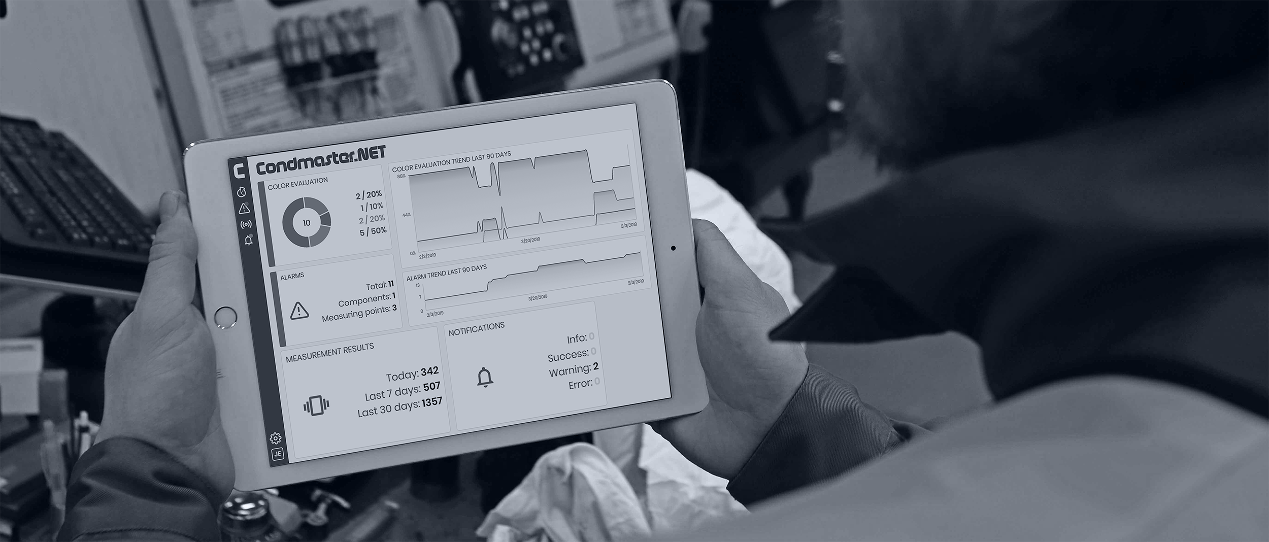 Airius wireless vibration sensor data displayed in the browser-based application Condmaster.net