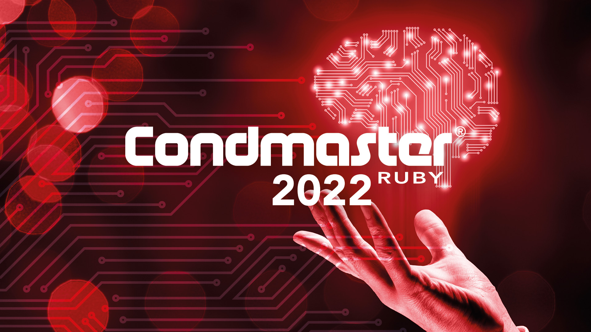 Condmaster Ruby 2022-logotyp och hand som håller i en hjärna på röd bakgrund 